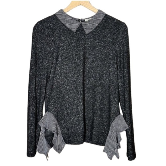 Women's L Monteau Sweater Peter Pan Collar Top Charcoal Striped Soft Stretch - Picture 1 of 8